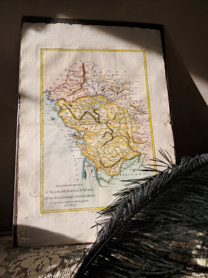 Mapa antiguo de Rigobert Bonne c.1770 - Anjou, Poitou, Aunis, Saintonge y Angumois Foto 2 de 4