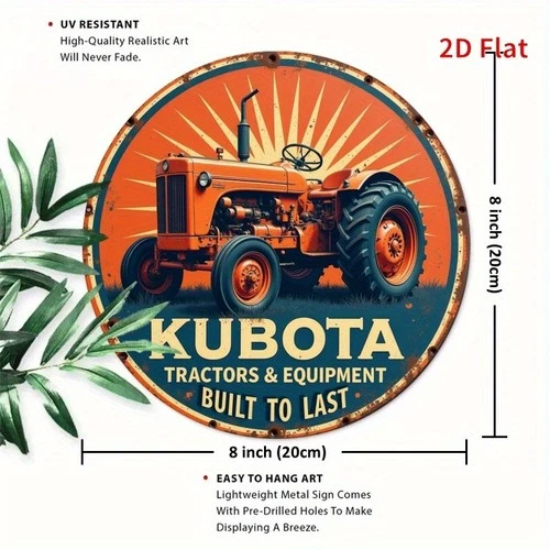 Vintage Kubota Tractor Equipment Round Tin Metal Sign Wall Art Rustic 8x8