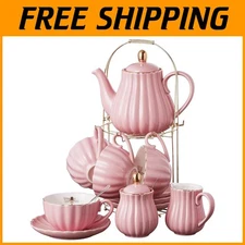 Porcelain Tea Cup Set with Teapot & Saucer, Pink