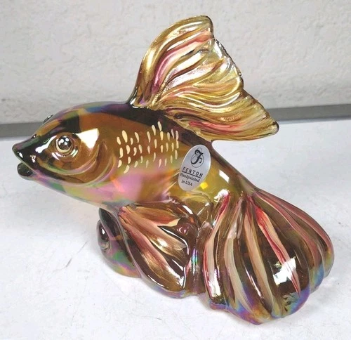Fenton Glass Koi Fish Signed Figurine Messenger 2002 Iridescent Amber USA Made