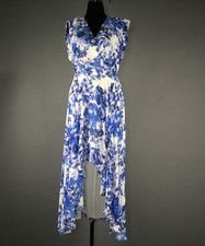Eliza J Dress Womens 10 Blue Floral Chiffon Wrap Maxi Hi-Low Ruffle Lined