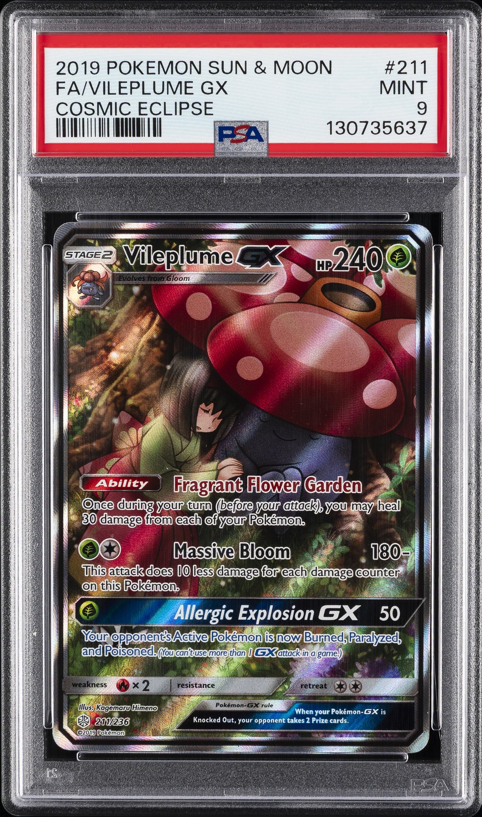 2019 POKEMON SUN & MOON COSMIC ECLIPSE #211 FULL ART/VILEPLUME GX PSA 9