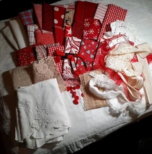Red Slow Stitch Bundle Vintage Linen Kit Embroidery Lace Floss Scrap Craft