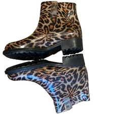 Nicola Hill Animal Rubber Leopard Print Rain Boots Chelsea Ankle Pull On Size 7