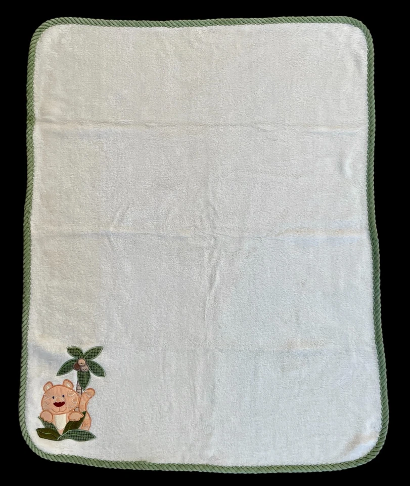 Nojo Tiger Palm Tree Plush Baby Blanket Beige Cream Jungle Green Trim 40"x30" - Image 3 of 3