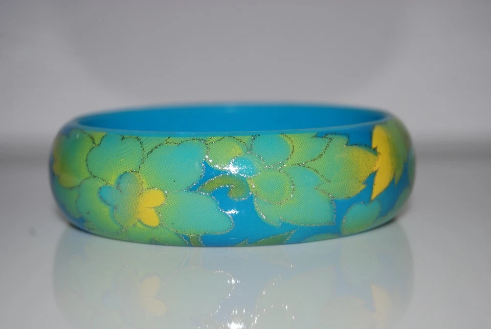 BRAZALETE BRAZALETE GRANDE AZUL Y MULTICOLOR ESTAMPADO DE FLORES ACRÍLICO DECLARACIÓN Foto 3 de 4