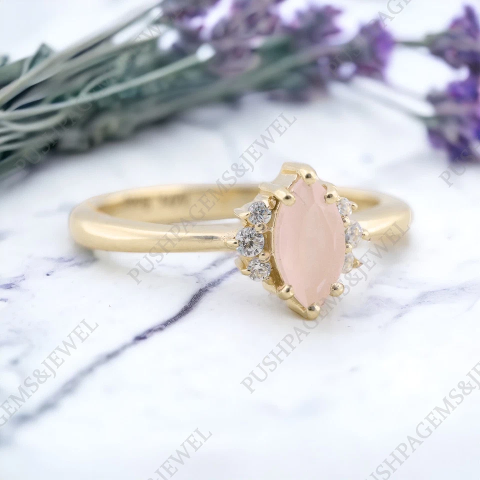 925 Sterling Silver 6x3 mm Marquise Cut Natural Rose Quartz Ring Cubic Zirconia - Image 2 of 4