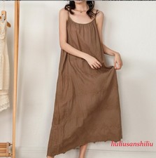 Women Cotton Linen Slip Dress Retro Camisole Full Slips Underdress Chemise Loose