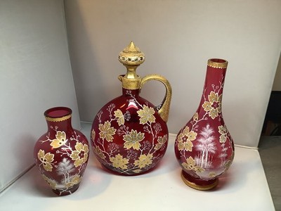 Bohemian Harrach Moser Gold Coralene Decanter and Vase HP 3 PC Set