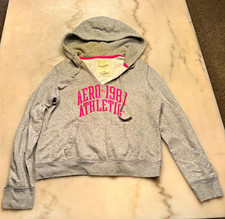 A ropostale Women's Gray Pink Hoodie L Fleece Pullover Logo Pocket Long Sleeve