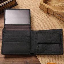 Classic Genuine Leather Mens Short Wallet Solid Color Anti-theft Coin Purse Fold