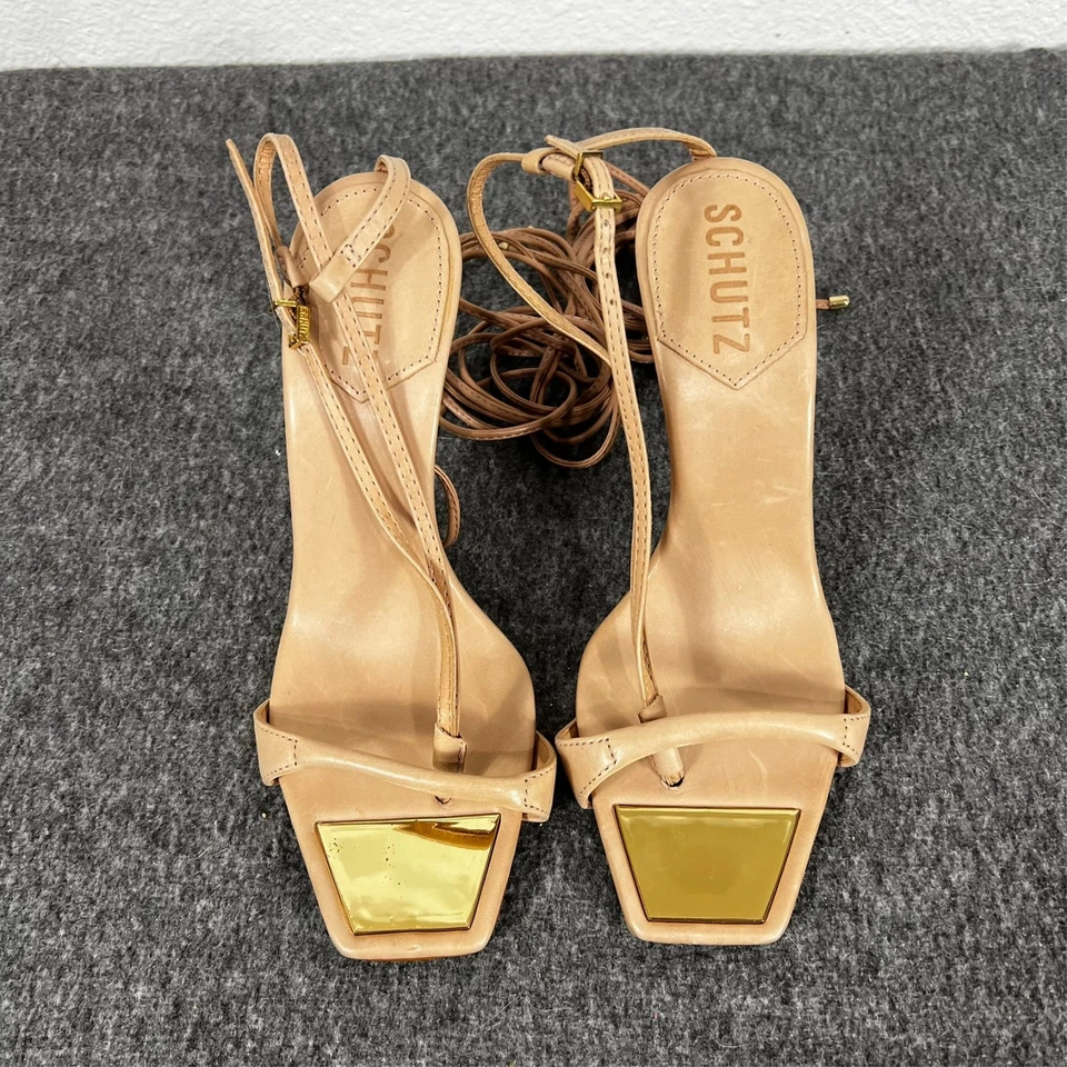 Sandalias Schutz Vikki de cuero al tobillo beige talla 7B tacón alto ajustadas Foto 3 de 4
