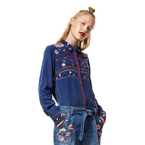 Desigual "Bruselas" embroidered long sleeve blouse in denim blue size M/UK10 - Bild 1 von 12