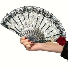 Spanish Flamenco Lace Folding Hand Fan Black Floral Wedding Party Dance Fan