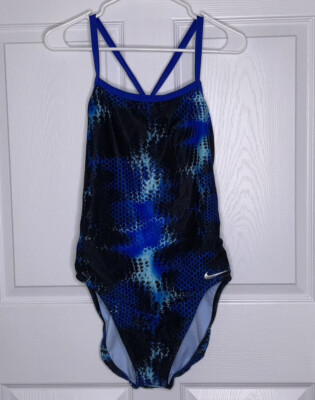 Nike Swimsuit Women 40 14 Tank Blue One Piece Bathing Suit New