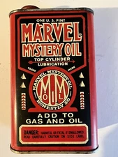 Vintage MARVEL MYSTERY OIL CAN Top Cylinder Lubrication 1 Pint approx 1/2 full