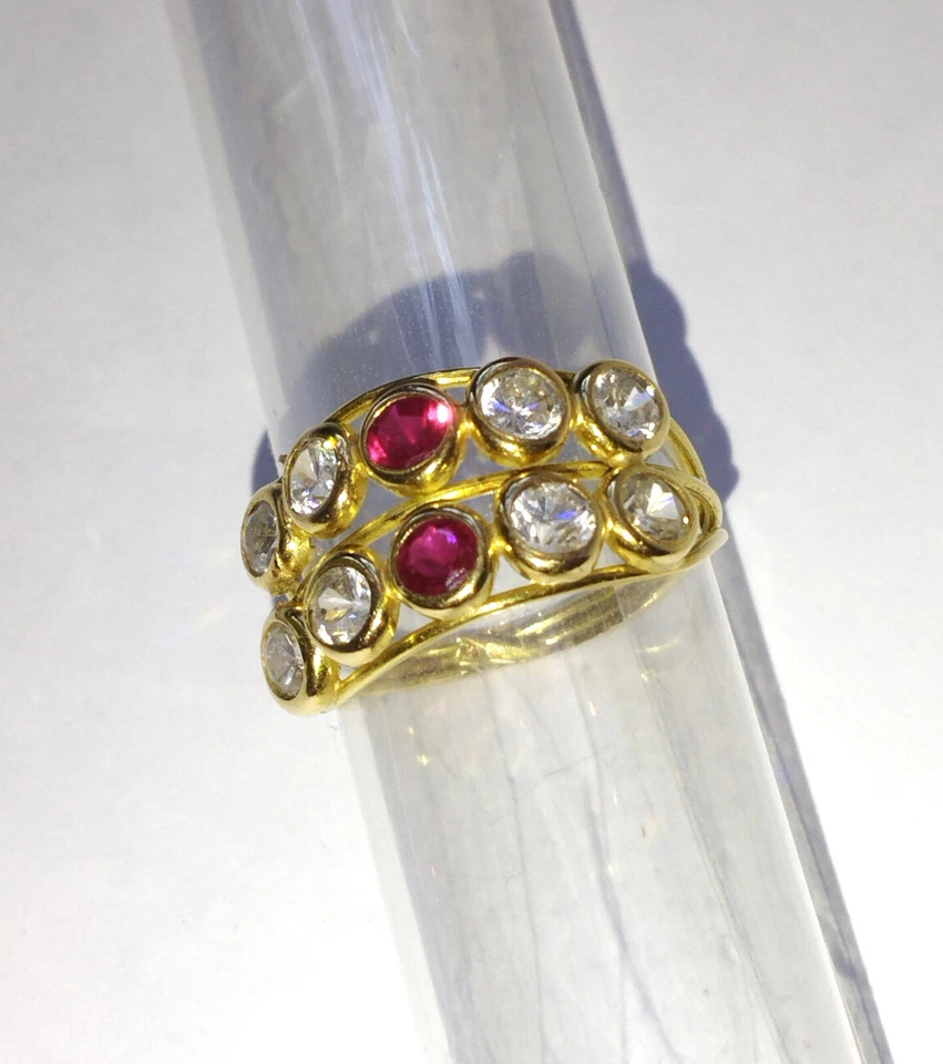 Goldring 18kt = 750 Gr 55 - 56 8 Zirkonbrillis 2 Rubine 1,6 ct Handarbeit - Bild 2 von 4