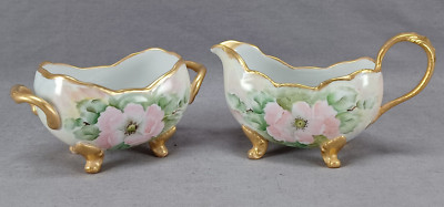Paul Muller Bavaria Hand Painted Pink Poppies & Gold Creamer & Sugar C.1920-1928