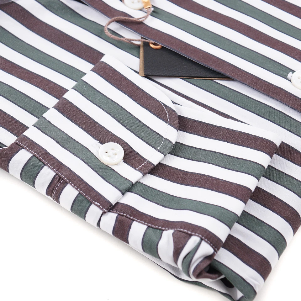 Barba Napoli Brown and Green Bold Striped Cotton Dress Shirt 15.75 (Eu 40) NWT - Image 2 of 4