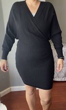 Love Tree Black Knit Sweater Dress V-Neck Dolman Sleeve Pullover wrap Size L