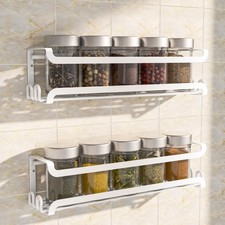 2 PCS White Wall Mounted Spice Rack Organizer Shelf With 8 Hooks For RV