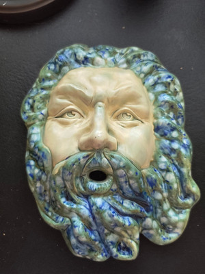 Majolica 10'' Face Sculpture'' Mythical 'North Wind' or 'Green Man'
