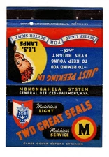 MONONGAHELA SYSTEM - IES LAMPS matchbook matchcover - FAIRMONT, WEST VIRGINIA