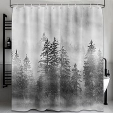 Misty Forest Shower Curtain Tree Grey Black White Bathroom Decor 70x78 Inch