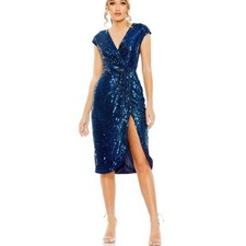 NWT 498 Mac Duggal Blue Sequin V-Neck Slit Midi Cocktail Dress Size 2