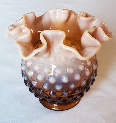 Fenton Amber Cameo Opalescent Ruffled Hobnail Rose Bowl Vase HTF