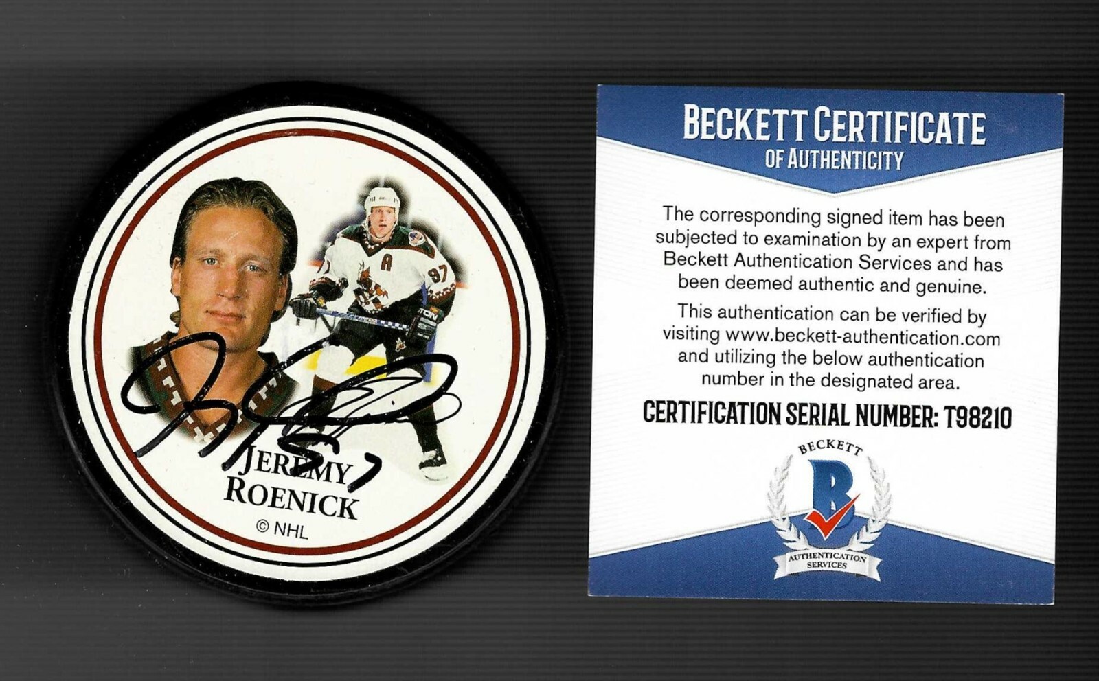 Jeremy Roenick Signed Phoenix Coyotes Exxon Photo Puck Beckett COA Utah Mammoth 