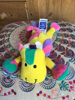 Vintage 1999 '99 Tesco Spaß zu lernen Geräusche bunte Kuh Moos weiches Plüschtier 8 Zoll