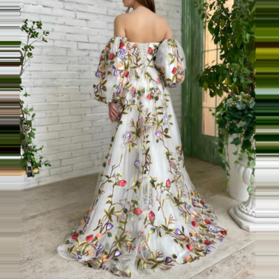 vintage floral formal dress Vintage Off the Shoulder Prom Dress Floral Printed Satin Quinceanera Dress main image 0