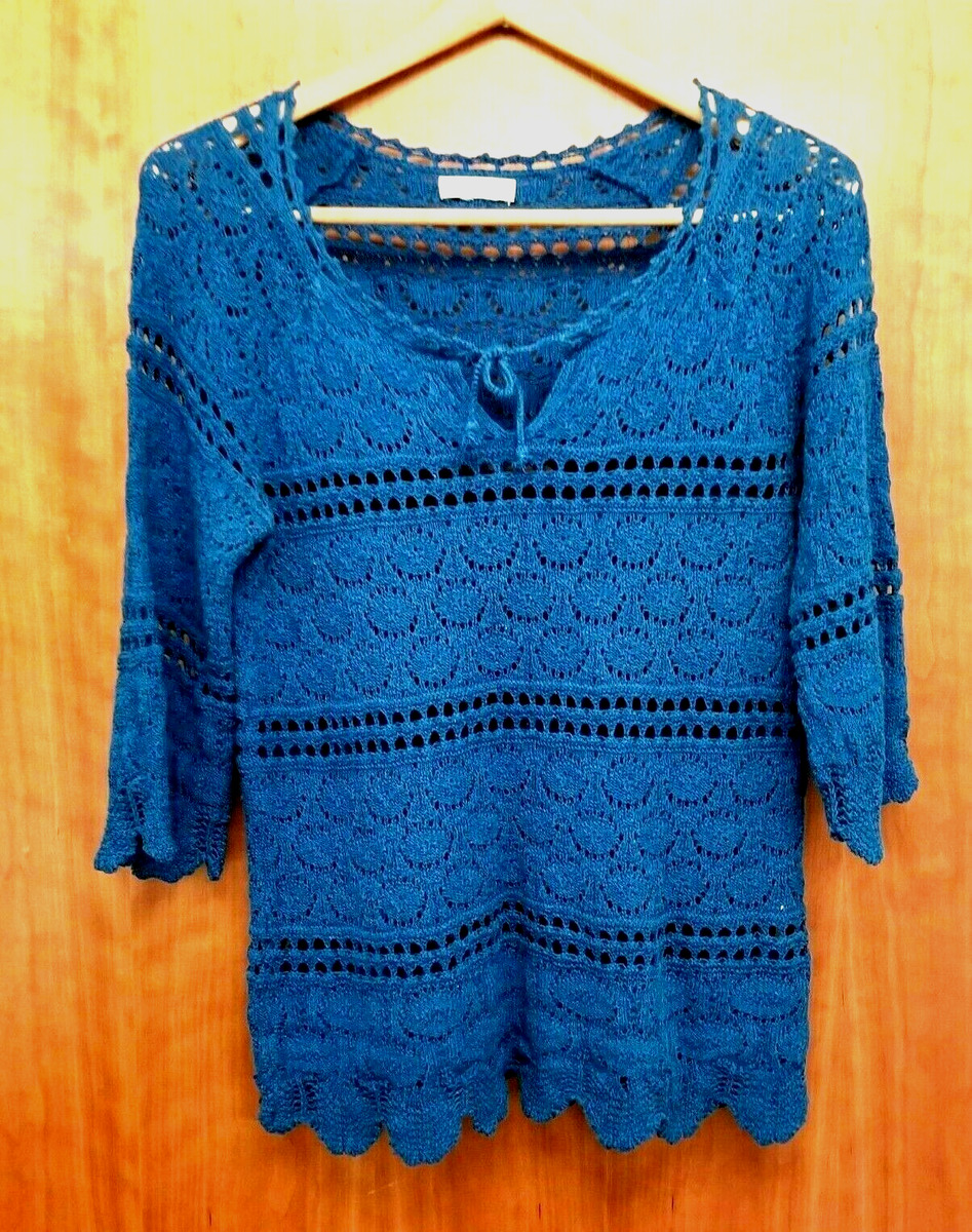 Lucky Brand Crochet Sweater Women Size S Small Knit Top Blue Boho