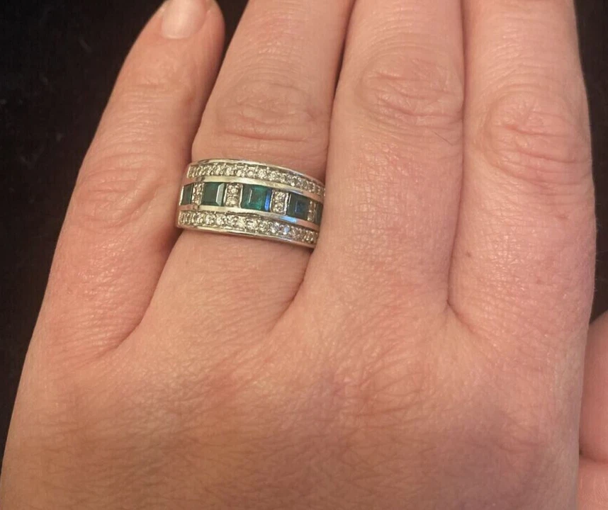 Anillo de diamantes y esmeraldas naturales de oro de 14 quilates ~ Reino Unido N-0 EE. UU. 6,5 -7 ~ 8,1 g ~ R0304 Foto 3 de 4