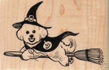 Bichon Witch On Broom 4 x 2 1/2" Rubber Stamp, Halloween Stamp, Halloween Crafts