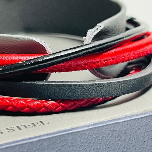 New 1913 Men's Bred Black & Red Woven Leather Multi-Strand Bracelet Steel 8.5"