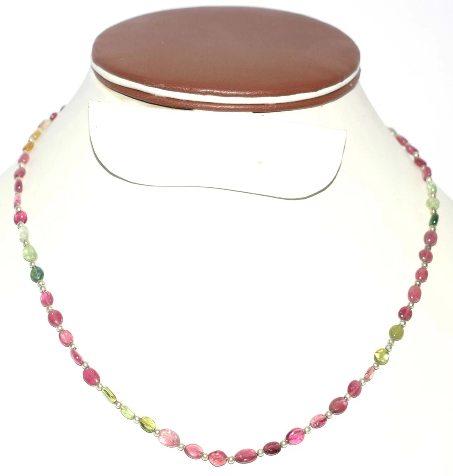 925 Argento Fine Multi Tormalina Gemma 2-5mm Perline Ovali 18 " Collana H - Immagine 2 di 4