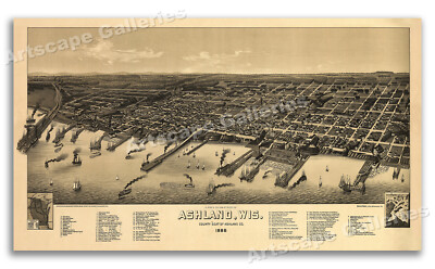 1886 Ashland Wisconsin Vintage Old Panoramic City Map - 24x42