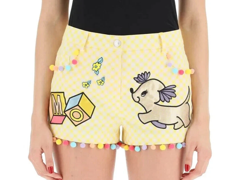 Pantalones Cortos Moschino Couture Animal Applica Guardería Guinga Pom Pom Amarillo EE. UU. 10 NUEVOS CON ETIQUETAS Foto 2 de 4