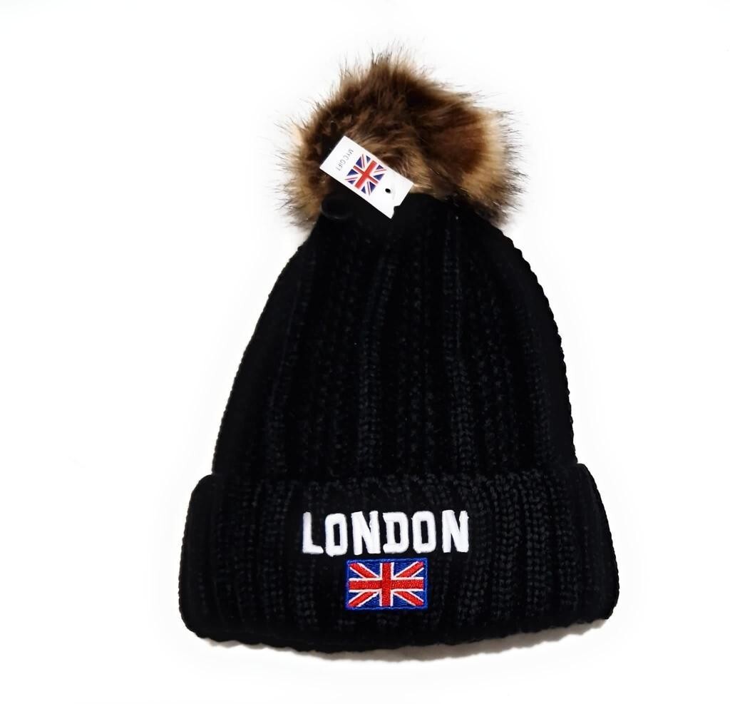 Beanie Hat  Womens Girls London England  Bobble Union Jack Embroidered Hats.