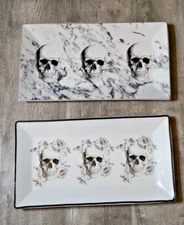 CIROA SKULL HALLOWEEN WICKED PORCELAIN BONE CHINA SERVING DISH PLATTER LOT OF 2