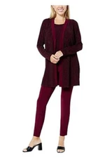 NinaLeonard Women's 3-pc Glitter Knit Cardigan Tank&Pant Set DeepWine