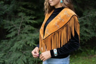 Vintage Southwest Hand-painted suede Collar Patricia Wolf, ''Tobacco'' One Size