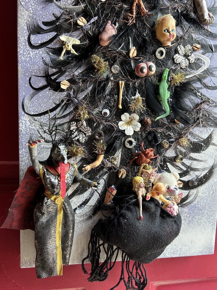 A large-format 36"x12" original mixed-media artwork of Krampus — the anti-Santa — makes for a jaw-dropping, conversation-starting piece of dark holiday wall art.