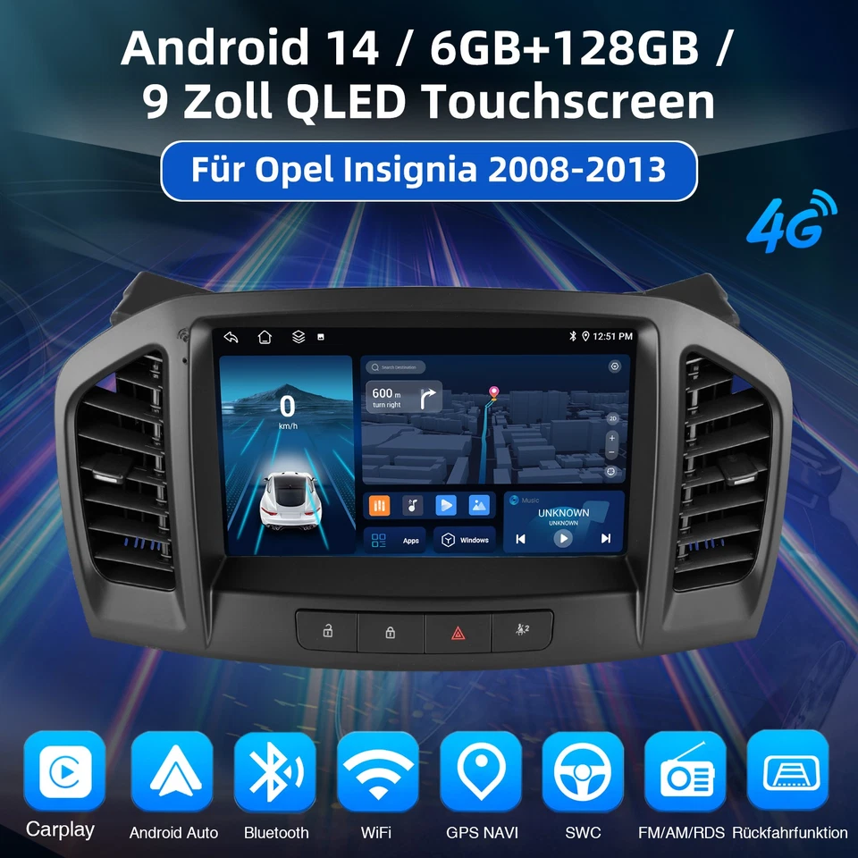 DAB+ Android 14 8-Kern 6+128G Autoradio Carplay GPS Für Opel Insignia A 2008-12 - Bild 2 von 4
