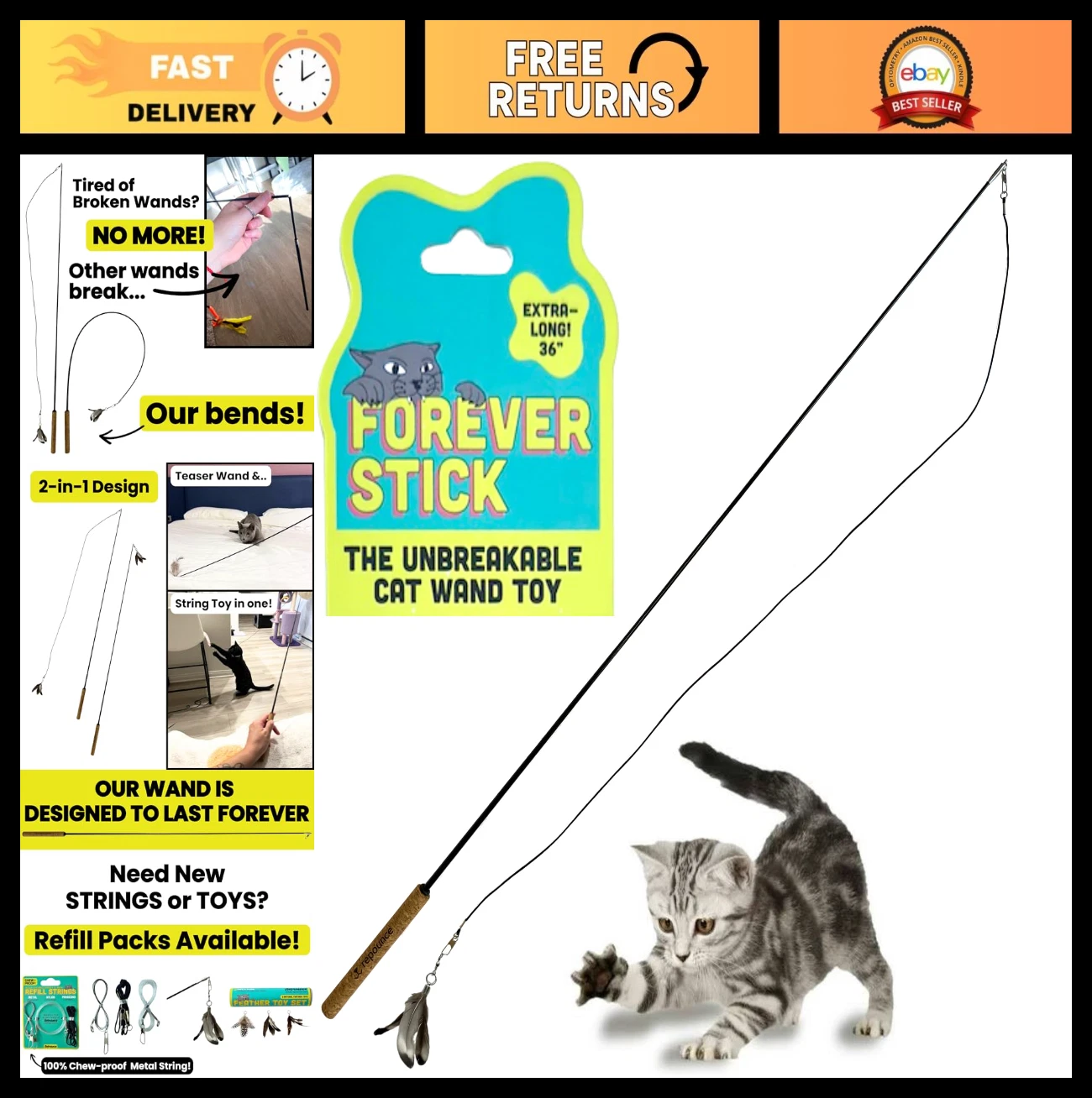 Unbreakable Cat Wand Toy - Extra Long Durable Fishing Pole & Feather Teaser for