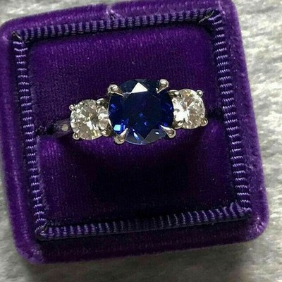 2Ct Blue Sapphire Diamond Three-Stone Engagement Ring 14k White Gold Over Size 7