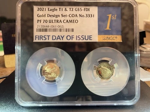 2021 PF 70 Eagle T1 & T2 G$5 - FDI Gold Designer Set Of 2x 1/10th Oz Gold Coins