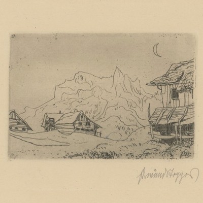 Edmund Steppes Berge Hütten Mond Radierung signiert Opus 66 um 1912 Monogramm
